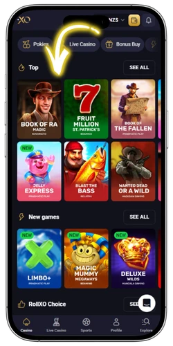 RollXO Casino New Zealand game lobby slots and pokies