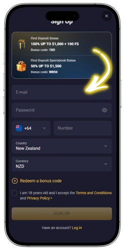 RollXO Casino New Zealand registration email and password fields