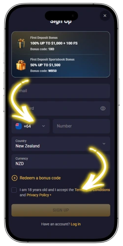 RollXO Casino online registration form phone number and currency selection